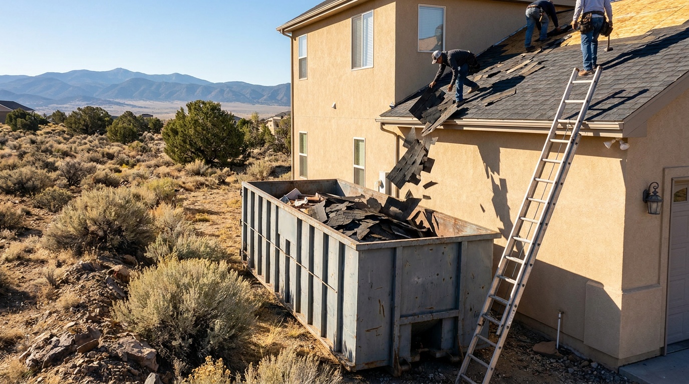 Roofing dumpster during a tear-off in Hemet